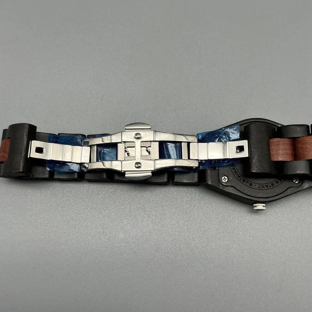 Bewell Womens Watch 31mm Black Dial Wood Bracelet Handcrafted New Battery 7.25